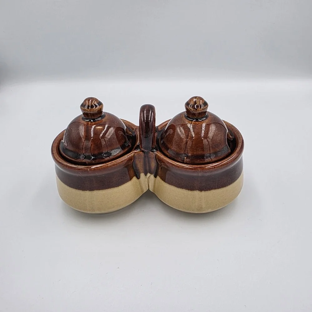 Vintage Condiment Serving Set‎ Lids Stoneware Brown Tan Pottery Double Jelly Jam